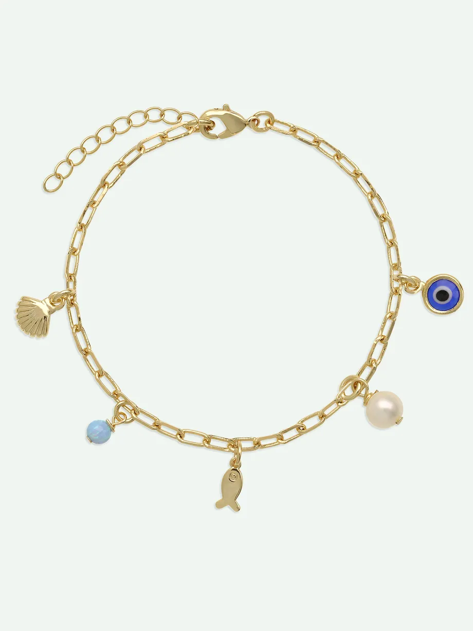צמיד יד חוליות ציפוי זהב עם אלמנטים בשילוב פנינה מתורבתת, זכוכית קריסטל ואופל צבעוניות