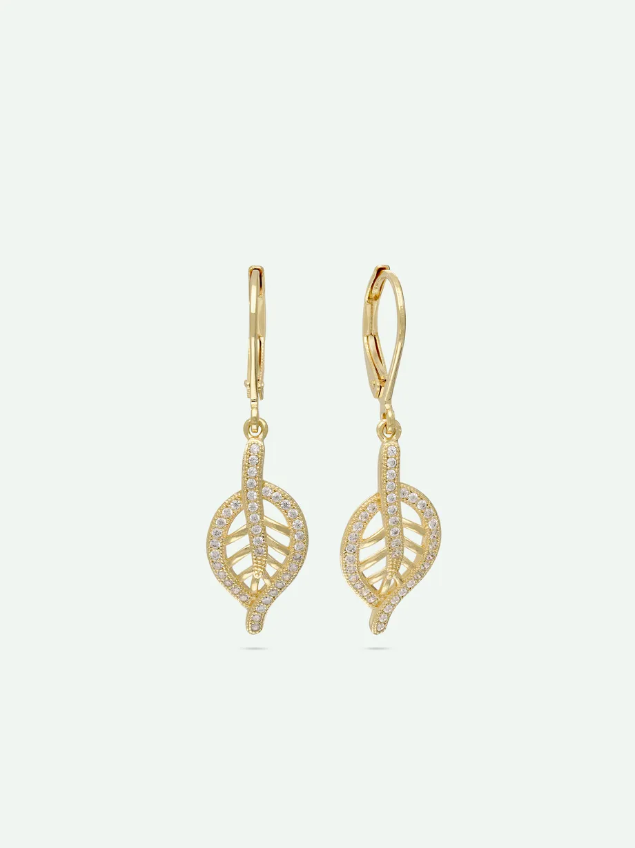עגילי עלה תלויים ציפוי זהב משובצים זירקוניה שקופה