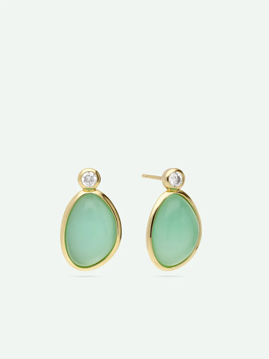 עגילים תלויים כסף 925 בציפוי זהב בשיבוץ אבני קלצדוניה ירוקות