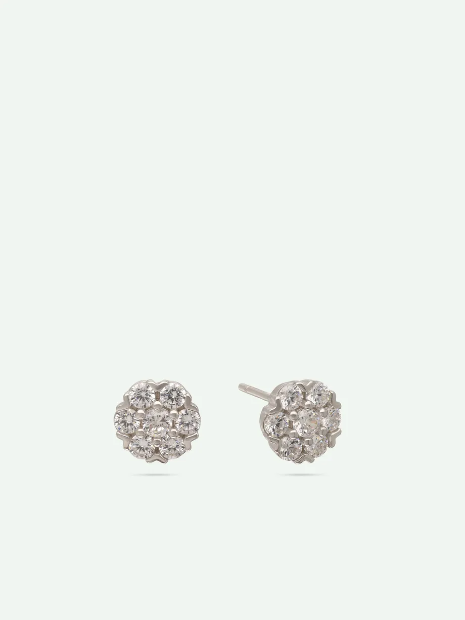 עגילי פרח צמודים כסף 925 בציפוי רודיום משובצים זירקוניה שקופה