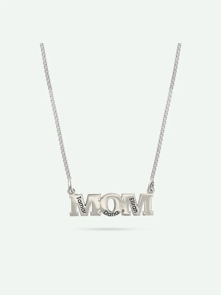 שרשרת כסף בציפוי רודיום בשילוב תליון "MOM" עם חריטה אישית — תצלום נוסף