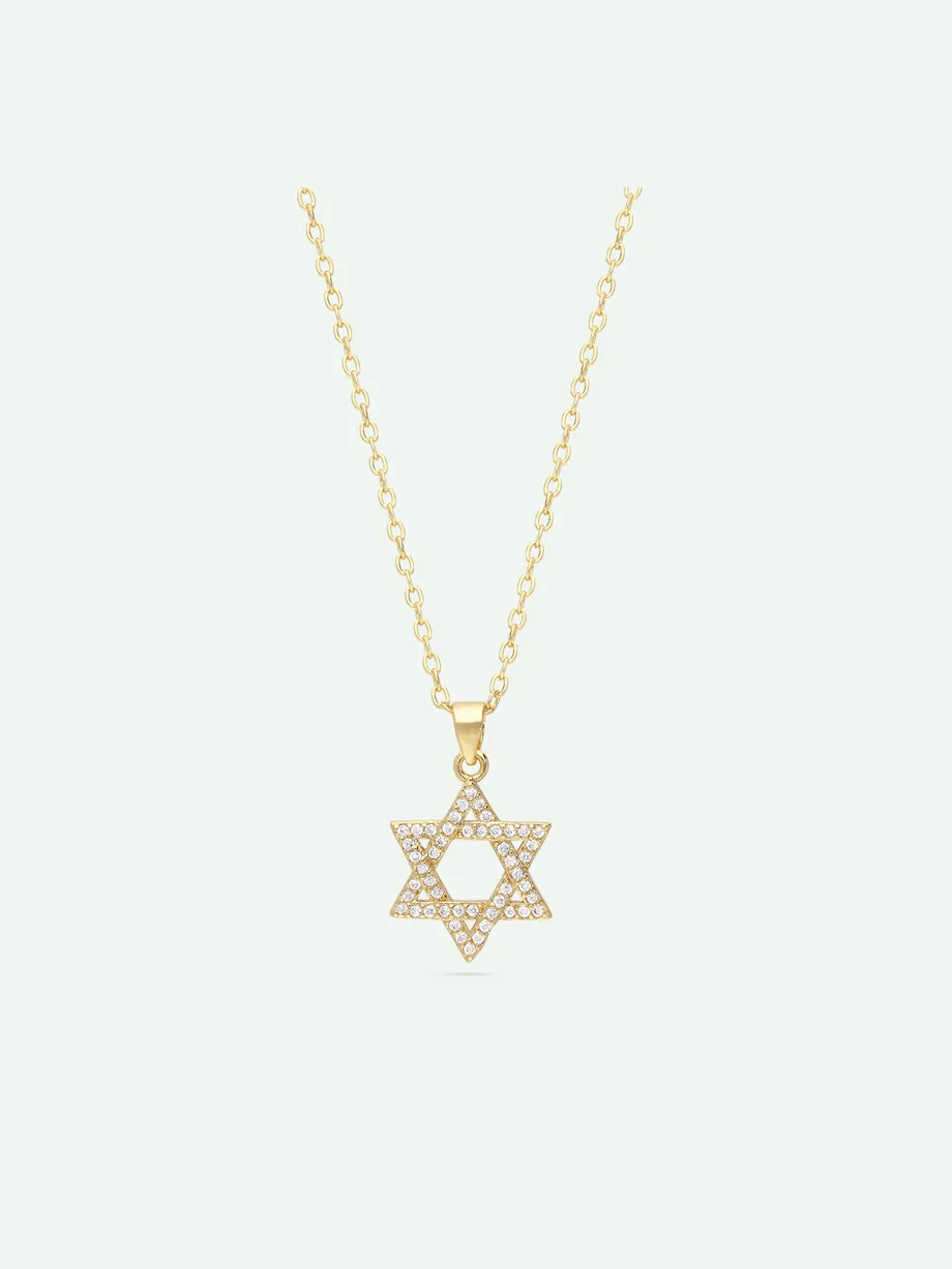 שרשרת תליון מגן דוד ציפוי זהב בשיבוץ אבני זירקוניה שקופות