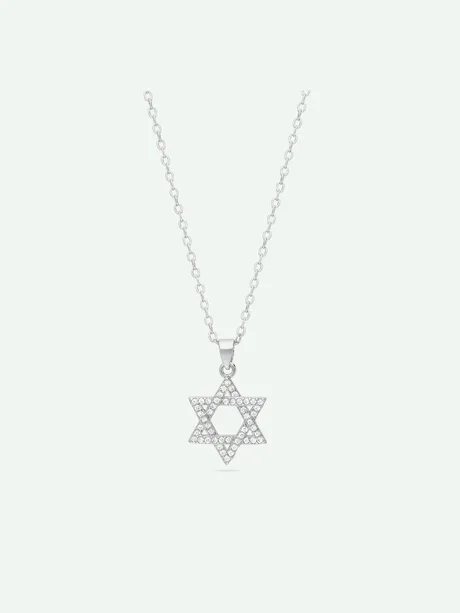 שרשרת תליון מגן דוד כסף 925 משובצת אבני זירקוניה שקופות