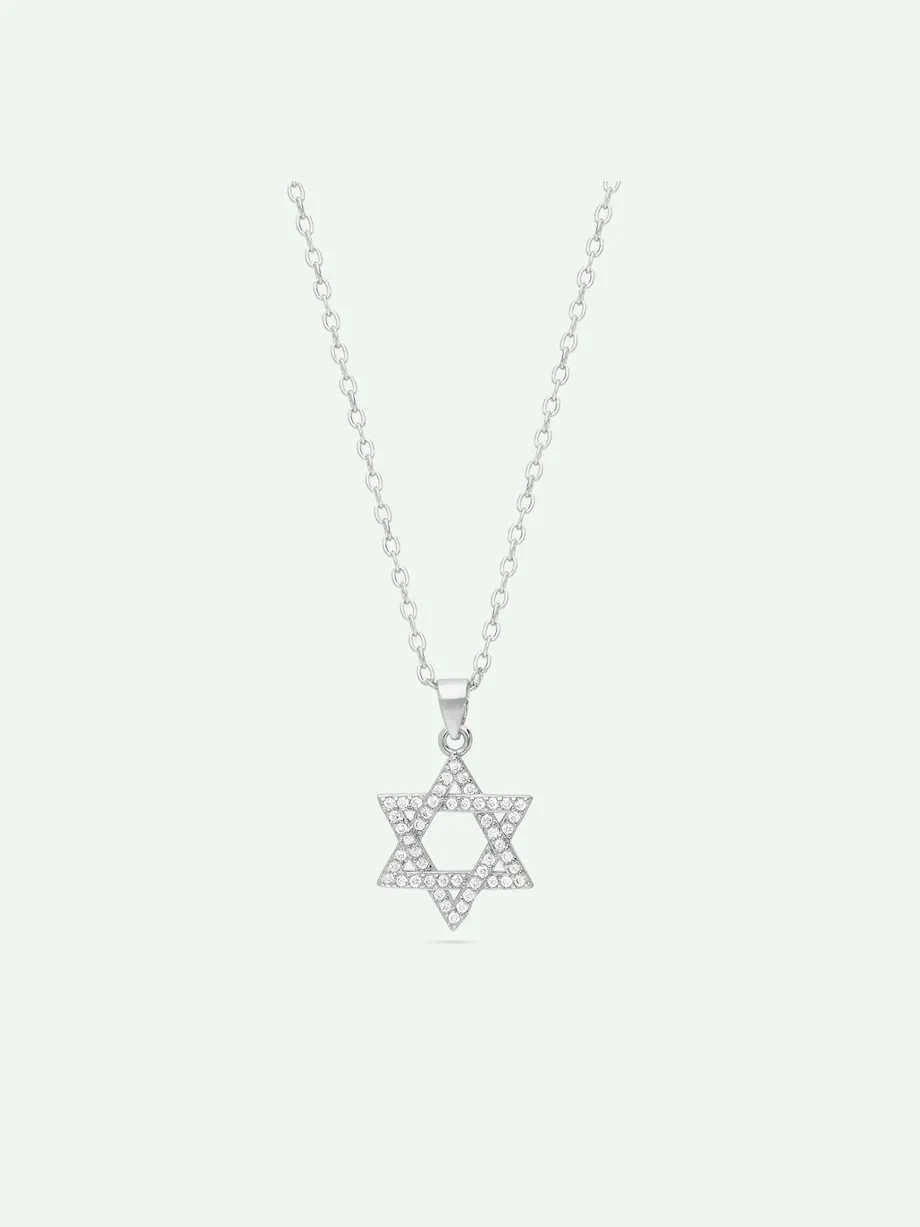 שרשרת תליון מגן דוד כסף 925 משובצת אבני זירקוניה שקופות