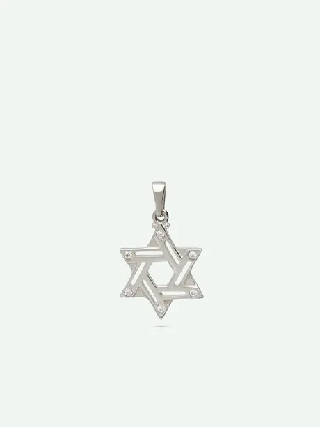 תליון מגן דוד זהב לבן 14K בשיבוץ זירקוניה שקופה