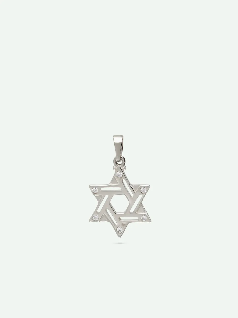 תליון מגן דוד זהב לבן 14K בשיבוץ זירקוניה שקופה